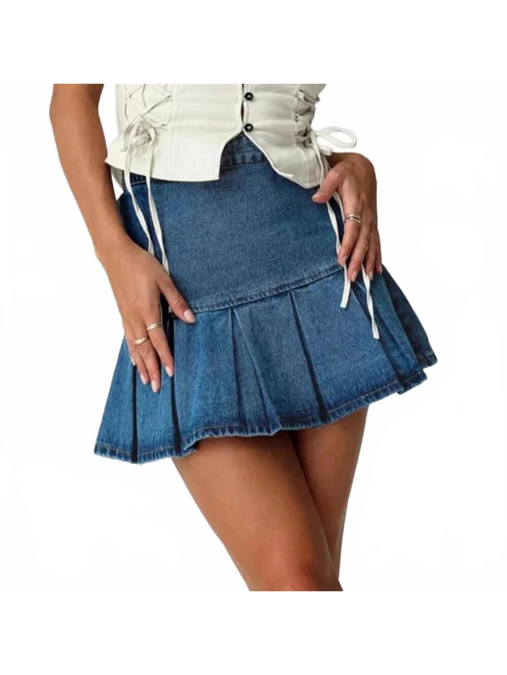 Lioness Denim Pleated Mini Skirt Medium Blue Wash Y2K Flare Drop Waist Flirt - Picture 3 of 9